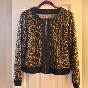 Leopard Print Women's  Zip Up Faux Leather Trim Jacket